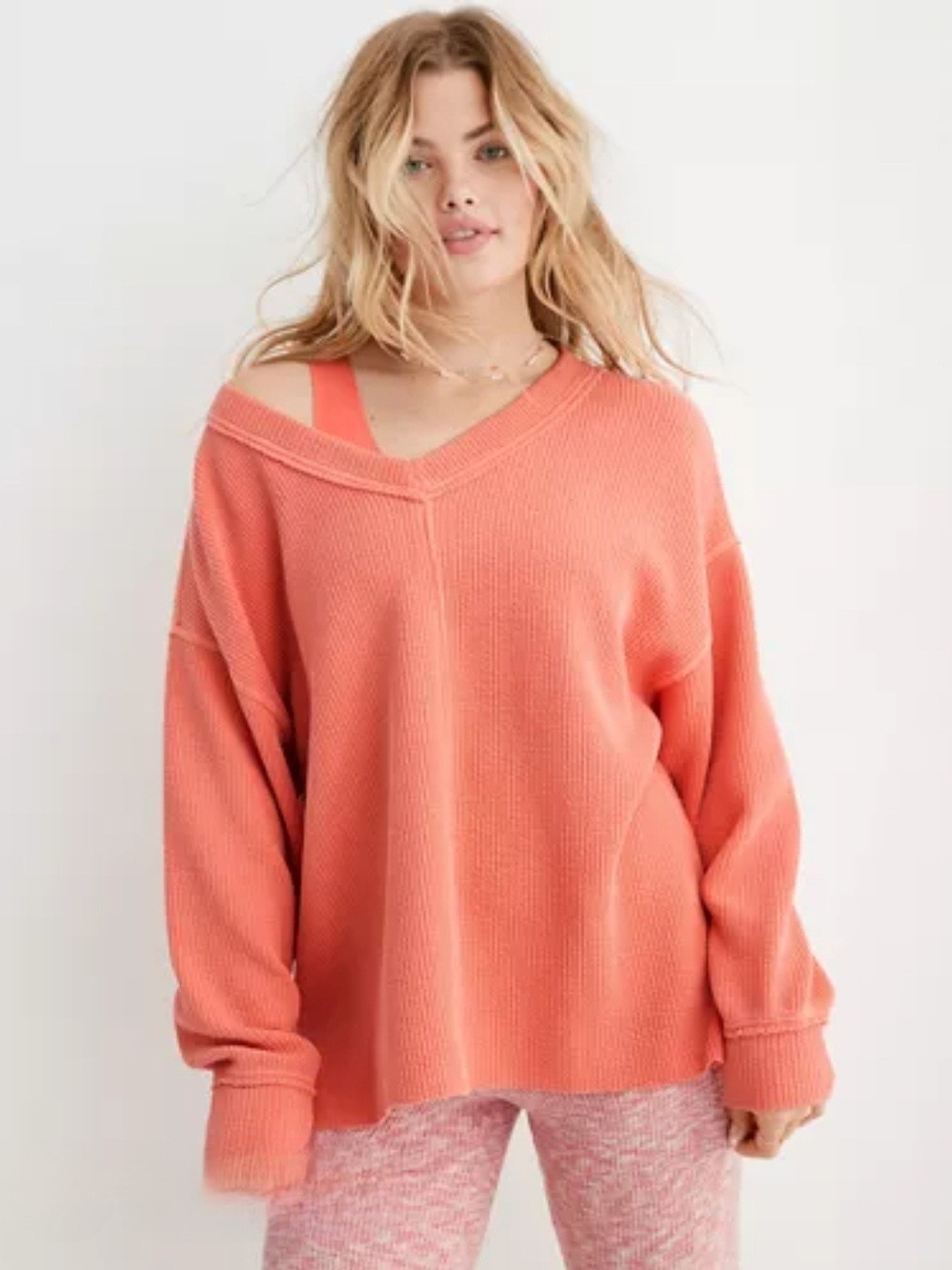 aerie Coral V‑Neck Oversized Sweater
